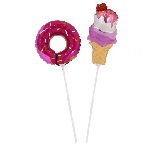 ערכה של שני בלונים עם מקלות אחיזה בצורת סופגניית דונאט וגביע גלידה - BALLOONS SWEET TOOTH SMALL