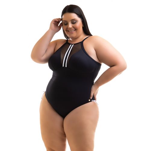 Plus size black high neck swimsuit with openwork and a white strap - SWIMSUIT CLEYA PRETO/BRANCO