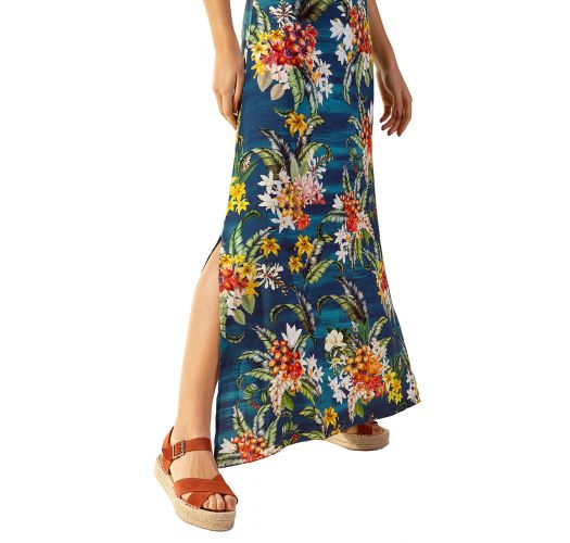 Vestido comprido de praia azul-floral c/ alças - MOANA ARTA