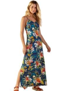 Vestido comprido de praia azul-floral c/ alças - MOANA ARTA