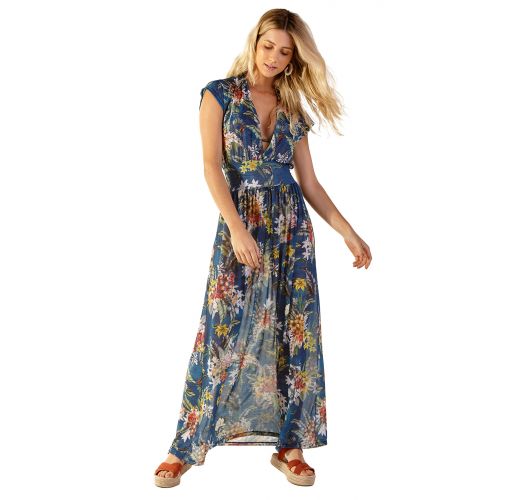 Longue robe de plage en voile bleu fleuri - TULE ARTA
