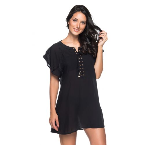 Robe De Plage Noire Légère Décolleté Lacé Ilhos Preto