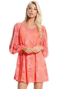 Leaf Pattern Coral Beach Dress With Sleeves Coral Laranja