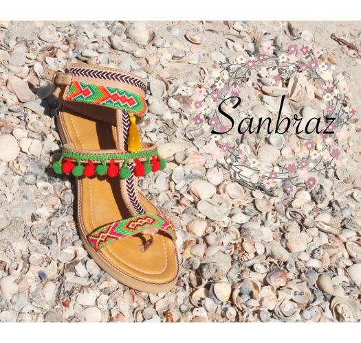 Wayuu handcrafted leather sandals with tassels - SANBRAZ GRECA