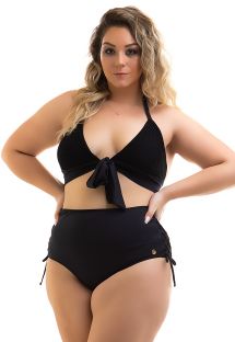 Zwarte plus size bikini in twee materialen, hoge taille bikinibroek - BIKINI CLEYA PRETO