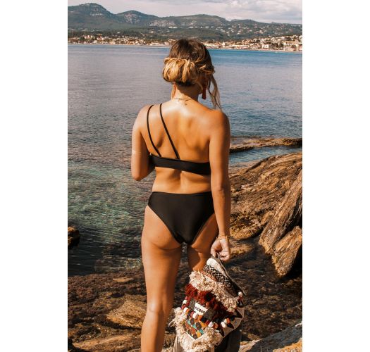 Bikini bandeau noir bretelles asymétriques - Black Hera