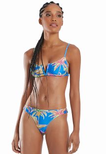 Bustier-Bikini V-förmig und festes String-Unterteil blau mit Tropenprint - BIKINI JOY RECANTO