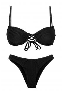 Textured black push-up balconette bikini with high-leg bottom - SET COTELE-PRETO BALCONET-PUSHUP LISBOA