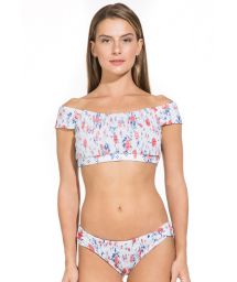 Blommig, rynkad  crop topp bikini med Bardot-halsringning - JANE ORANGE BLUE LIBERTY