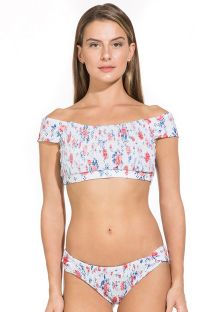 Blomstret crop top bikini med Bardot-udskæring og smocksyning - JANE ORANGE BLUE LIBERTY