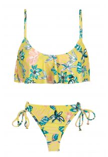 Bikini de tanga con volantes florales amarillos con parte superior con volantes - FLORESCER BABADO MICRO