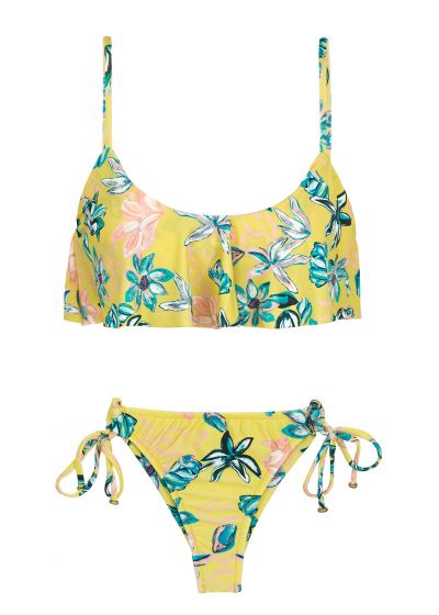 Bikini De Tanga Con Volantes Florales Amarillos Con Parte Superior Con Volantes Florescer Babado Micro - Rio de Sol