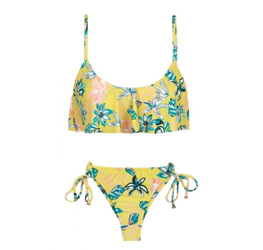 Bikini perizoma scrunch con motivo floreale giallo e top con volant - FLORESCER BABADO MICRO