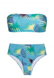Blue floral bandeau high-waisted bikini - FLOWER GEOMETRIC RETO
