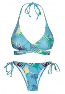 Blue graphic Brazilian side-tie bikini with wrap top - FLOWER GEOMETRIC TRANSPASSADO