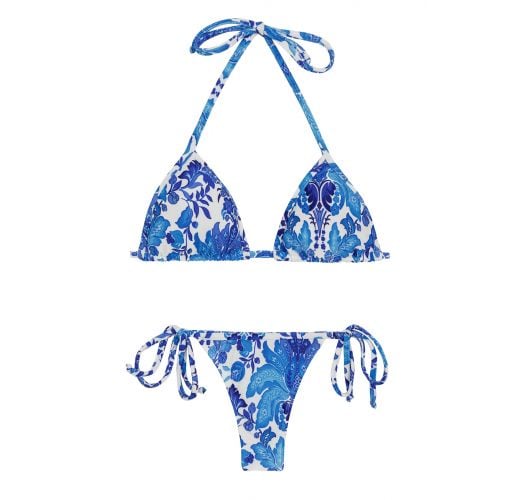 Floral White And Blue Side-tie String Bikini - Hortensia Micro - Rio de Sol