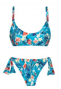 Floral blue side-tie scrunch bikini with adjustable straps - ISLA BRA