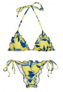 Ozdobne żółte wiązane bikini scrunch w roślinny wzór - LEMON FLOWER FRUFRU