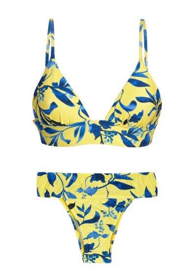 Yellow Bra Bikini With Plant Print And Laced Back - Lemon Flower
