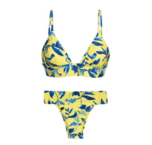 Yellow Bra Bikini With Plant Print And Laced Back Lemon Flower Tri