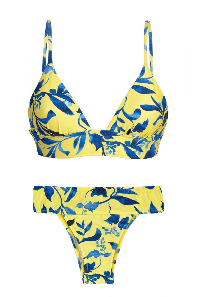 Yellow Bra Bikini With Plant Print And Laced Back - Lemon Flower
