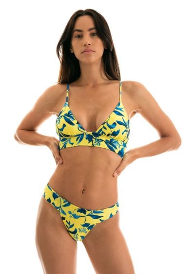 Yellow Bra Bikini With Plant Print And Laced Back - Lemon Flower Tri Cos -  Rio de Sol