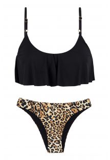 Ruffled black / leopard print bikini with adjustable straps - LEOPARDO BLACK BABADO