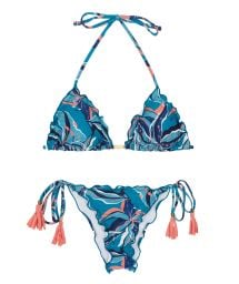 Floral blue scrunch bikini with tassels - LILLY FRUFRU
