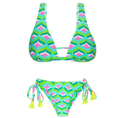 Bikini de Top triángulo verde estampa gráfica con ponpones - MERMAID CORTINAO