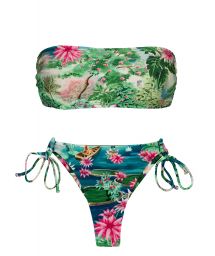 Bikini bandeau et string double lien tropical vert/bleu - SET AMAZONIA BANDEAU-RETO FIO-TIE