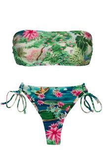 Bikini bandeau et string double lien tropical vert/bleu - SET AMAZONIA BANDEAU-RETO FIO-TIE
