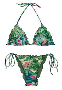 Tropical green & blue scrunch Brazilian bikini with wavy edges - SET AMAZONIA TRI FRUFRU