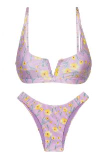 Fioletowe wysoko wycięte bikini w kwiatki z topem typu bralette V - SET CANOLA BRA-V HIGH-LEG