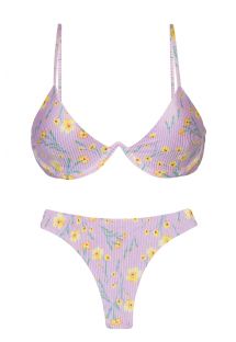 Driehoekige V beugel bikinitop en stringbroekje lichtpaars met bloemenprint - SET CANOLA TRI-ARO FIO