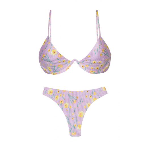 Driehoekige V beugel bikinitop en stringbroekje lichtpaars met bloemenprint - SET CANOLA TRI-ARO FIO