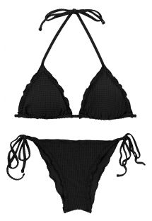 Czarne teksturowane bikini  typu scrunch z falistymi brzegami - SET DOTS-BLACK TRI FRUFRU