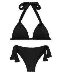 Black textured side-tie Brazilian bikini with a halter top - SET DOTS-BLACK TRI-MEL ITALY