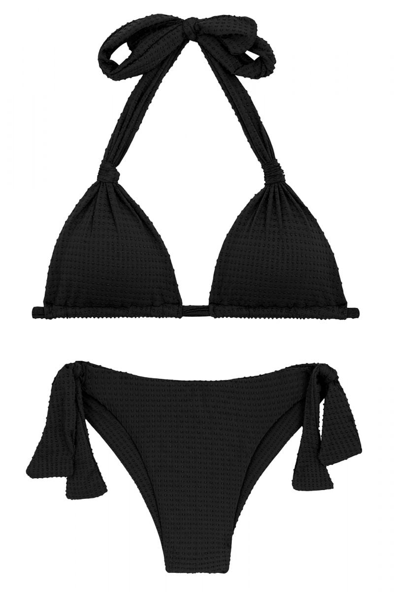 Black Textured Belly Cutout Brazilian One-Piece Swimsuit - Dots-Black Ivy  Strap
