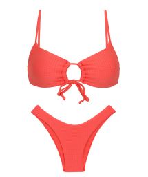 Bikini brassière à nouer devant rouge corail texturé en relief  - SET DOTS-TABATA MILA HIGH-LEG