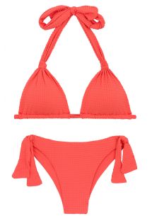 Textured coral side-tie Brazilian bikini with a halter top - SET DOTS-TABATA TRI-MEL ITALY