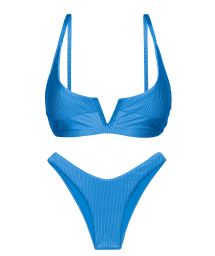 Textured blue high leg bikini with V bralette top - SET EDEN-ENSEADA BRA-V HIGH-LEG