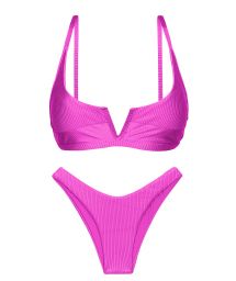 Textured magenta pink high leg bikini with V bralette top - SET EDEN-PINK BRA-V HIGH-LEG