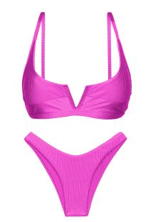 Textured magenta pink high leg bikini with V bralette top - SET EDEN-PINK BRA-V HIGH-LEG