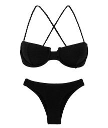 Textured black balconette bikini with crossed straps - SET ST-TROPEZ-BLACK BALCONET ESSENTIAL