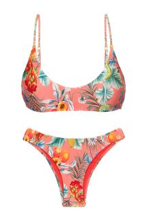Coral pink printed bralette bikini with braided straps - SET FRUTTI BRALETTE ESSENTIAL