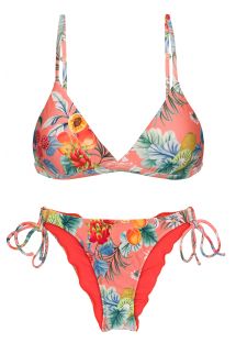 Coral pink print double-tie scrunch bikini - SET FRUTTI TRI-FIXO IPANEMA