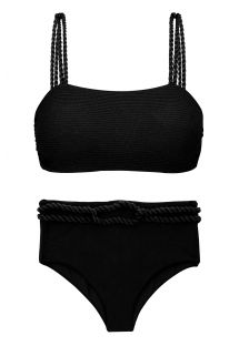 Braguita de bikini de cintura alta con textura negra y cuerda retorcida - SET ST-TROPEZ-BLACK RETO HOTPANT-HIGH