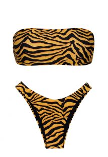 Bikini de pernera alta con estampado atigrado en naranja y negro, y parte superior estilo bandeau - SET WILD-ORANGE BANDEAU-RETO HIGH-LEG