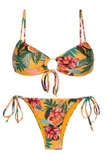Bikini brasileño de color amarillo-naranja, estilo floral, con cierre de sujetador frontal y lazos laterales - SET LIS MILA IBIZA