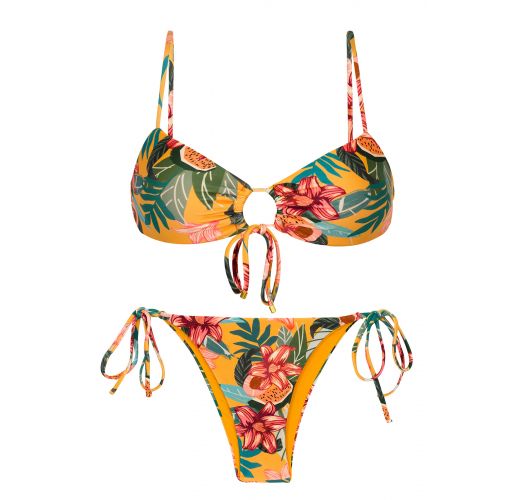 Bikini brasileño de color amarillo-naranja, estilo floral, con cierre de sujetador frontal y lazos laterales - SET LIS MILA IBIZA